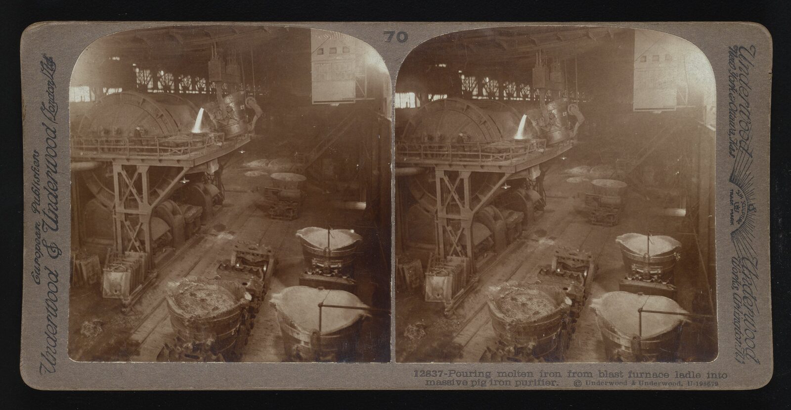 Pouring molten iron from blast furnace ladle into massive pig iron purifier - DPLA - b8f63fade8109ef895382b93987fb2f3 - via Wikimedia Commons (used under Public domain)